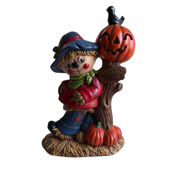 1980 Hand Painted SCARECROW WITH PUMPKINS Ceramic Tabletop Decor= 12" tall - Picture 1 of 16